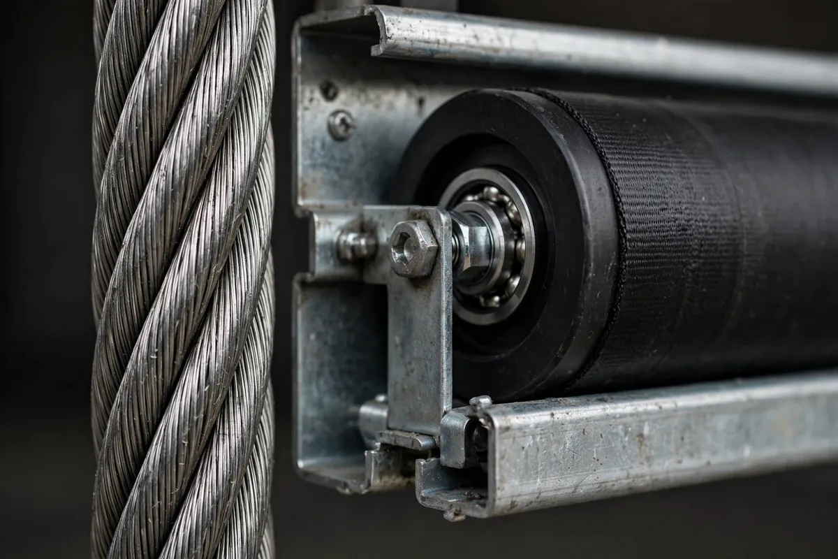 Close view of a steel lift cable and roller on a garage door track