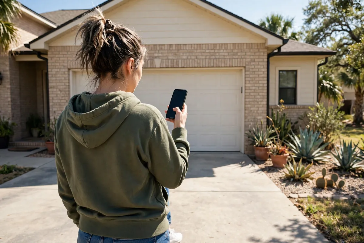 Person using a phone outside a residential garage