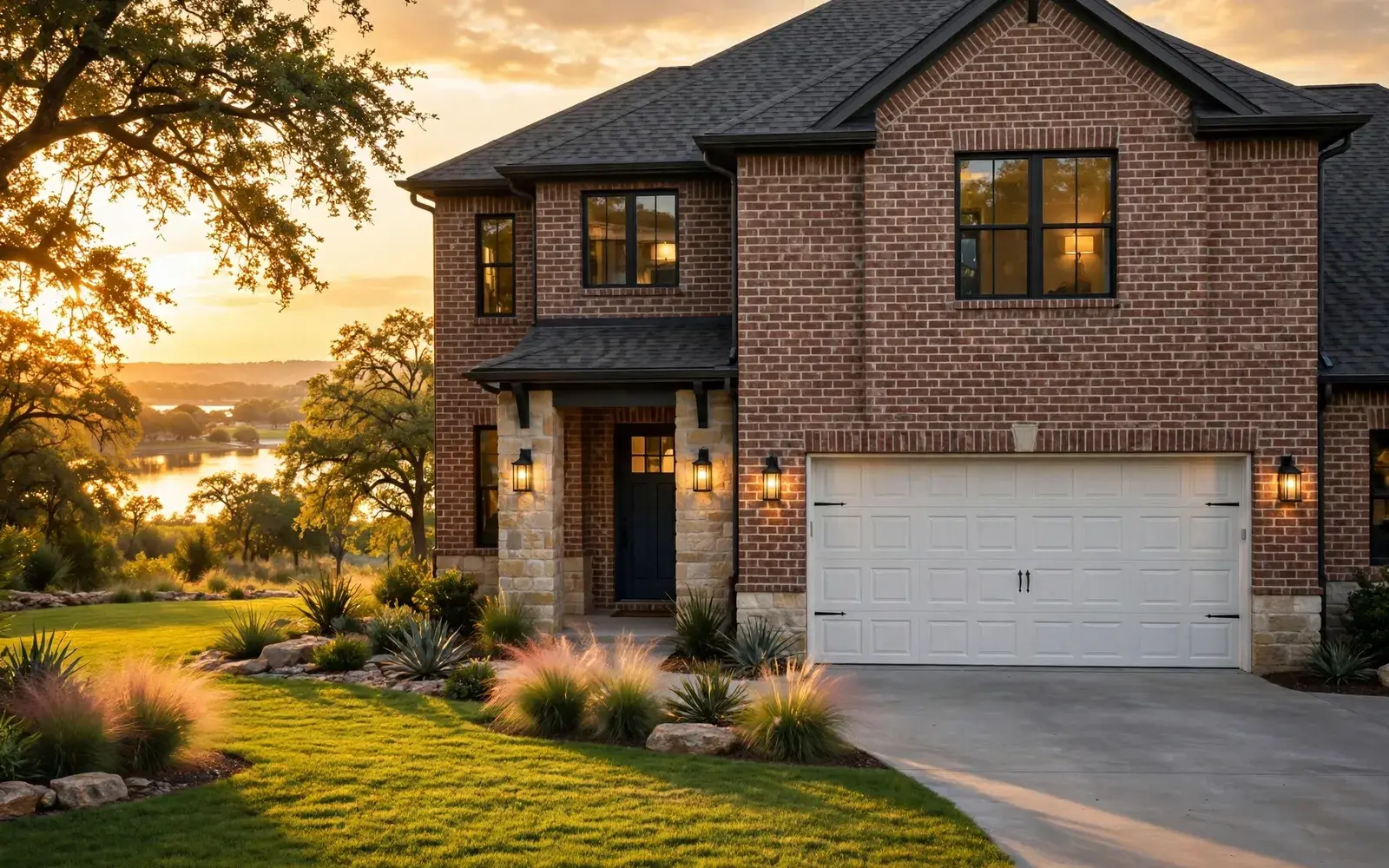 Suburban Rowlett Texas home at sunset with a closed two car garage door
