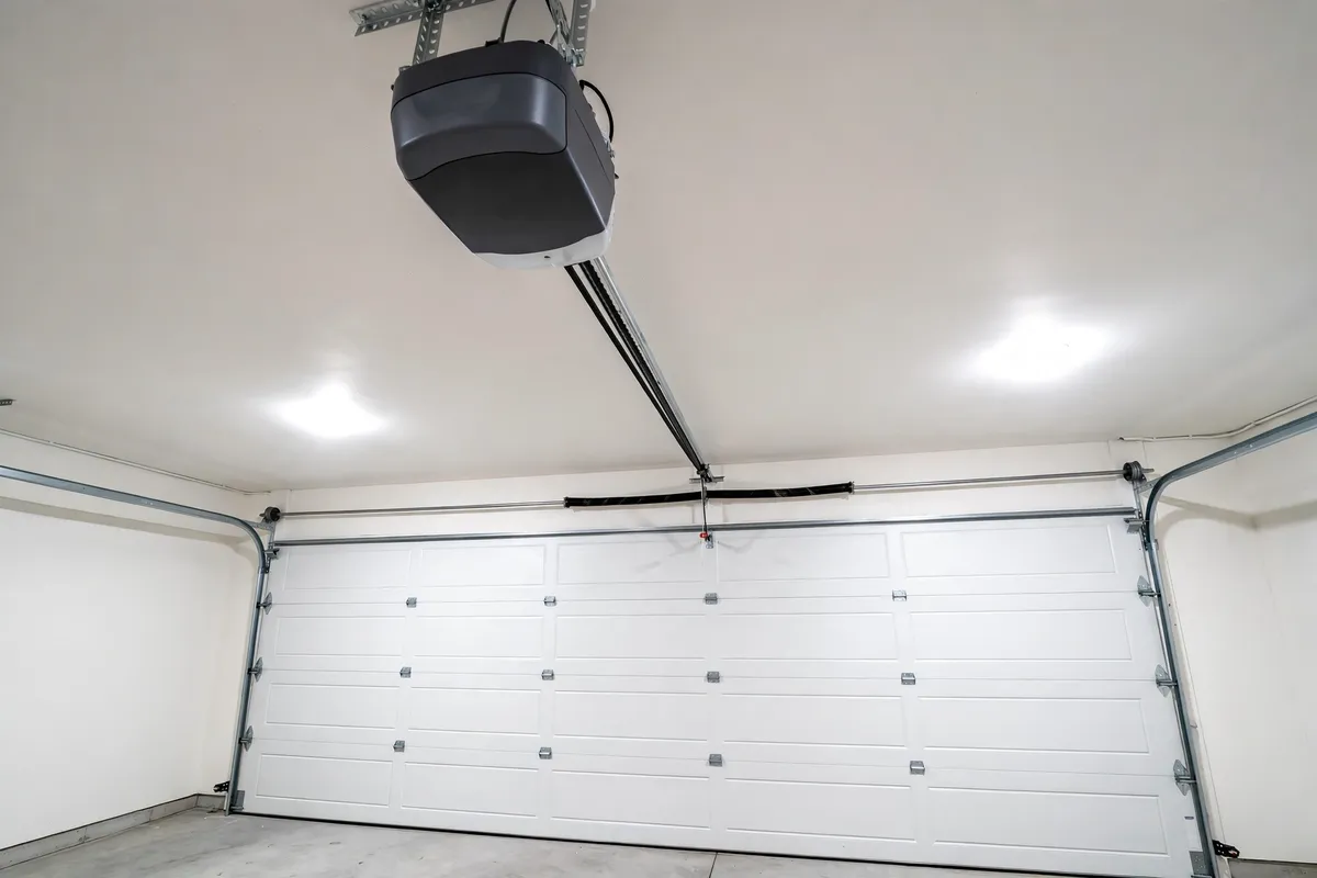 Modern belt drive garage door opener mounted on a garage ceiling