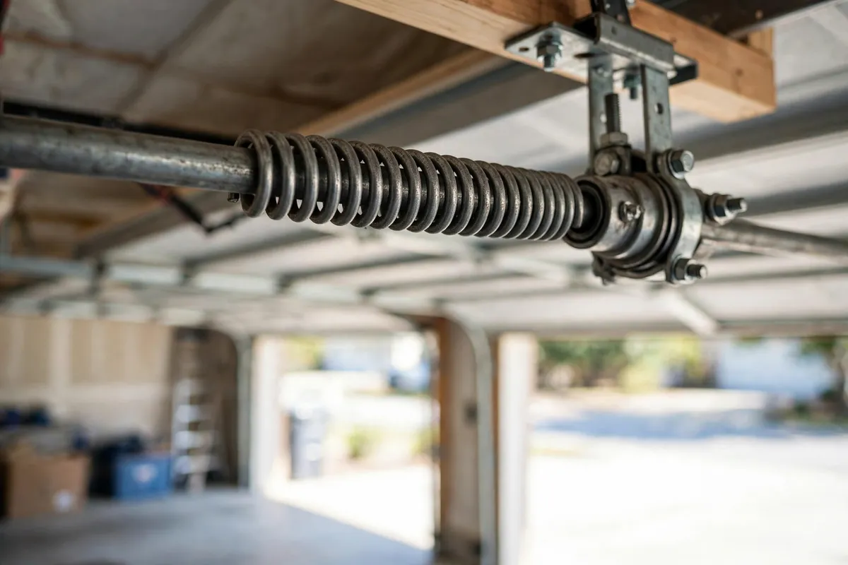Torsion spring and steel shaft above an open garage door in a Rowlett home
